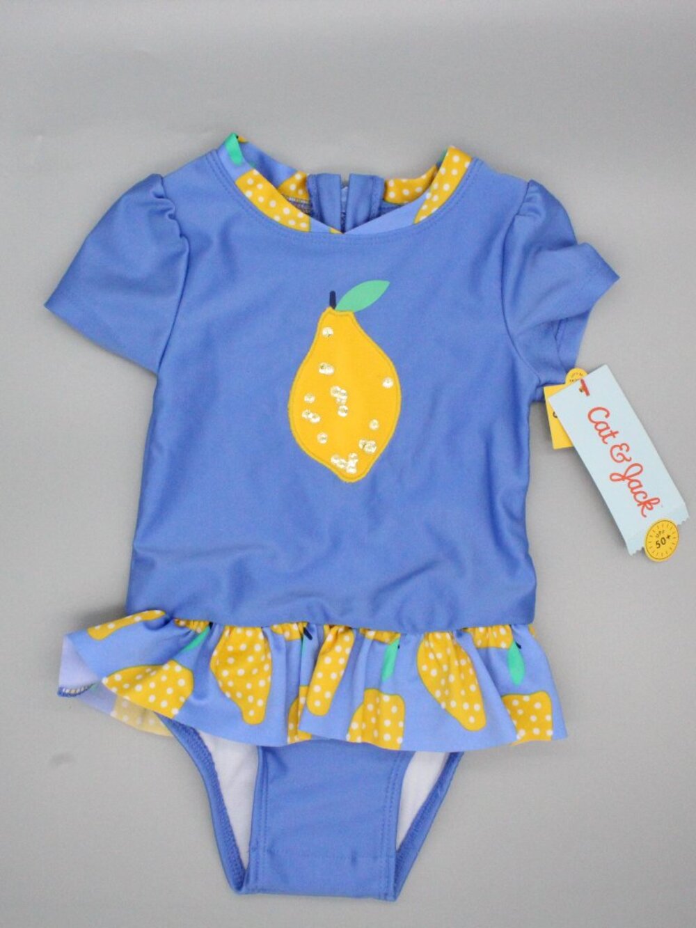 Cat & Jack 12M Blue Pear Sequin Ruffle One-Piece Swimsuit UPF50+ NWT